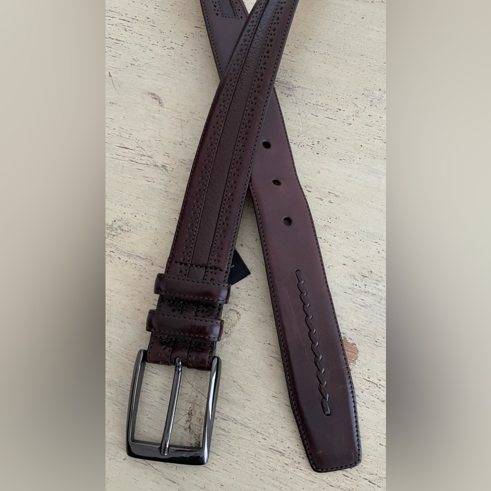Mezlan Made in Spain Gun Metal Buckle Brogues Trim Leather Belt in Brown Size 42